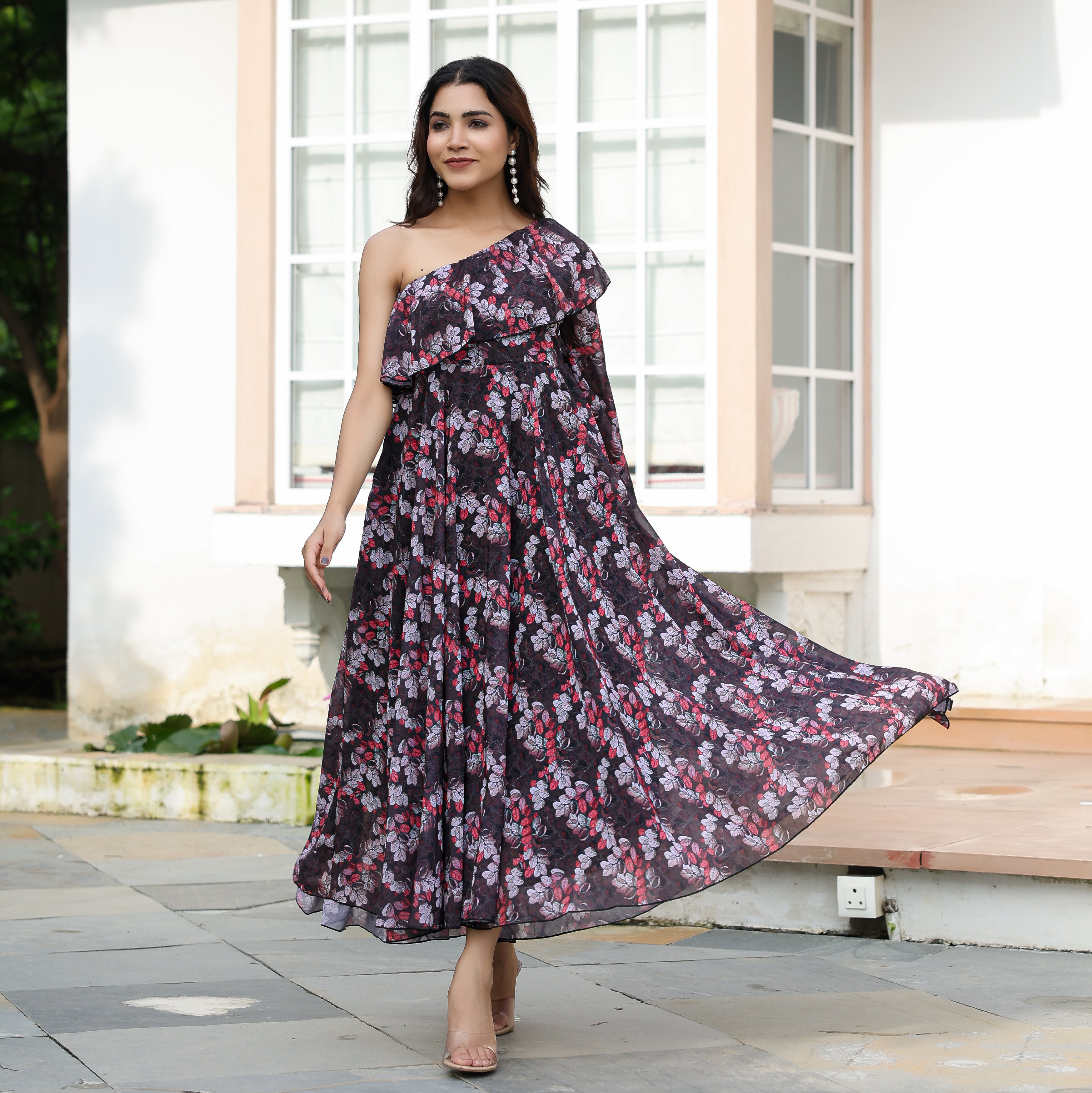 Adelina Black Leafy Maxi Dress