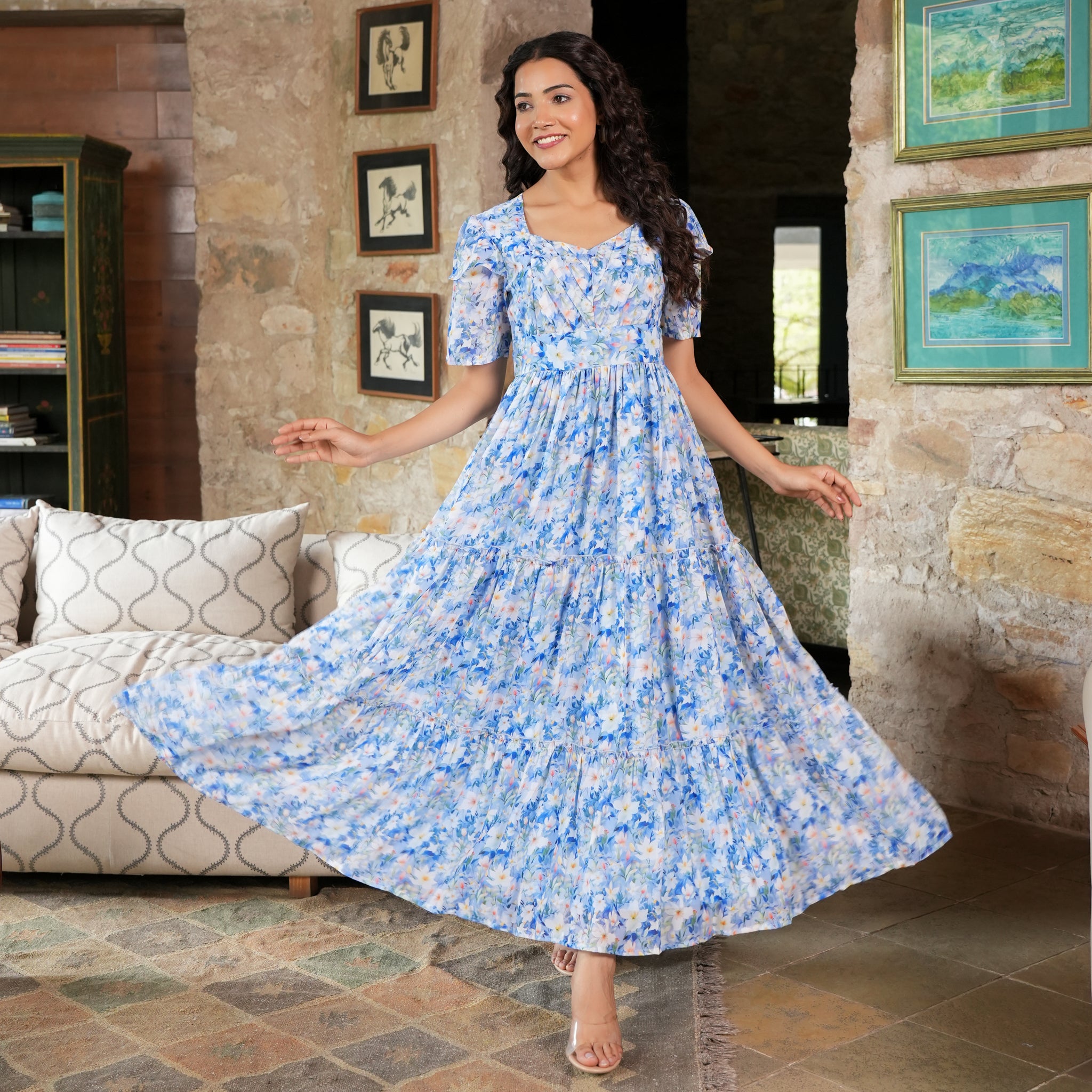 Lopez Sky Blue Floral Maxi Dress