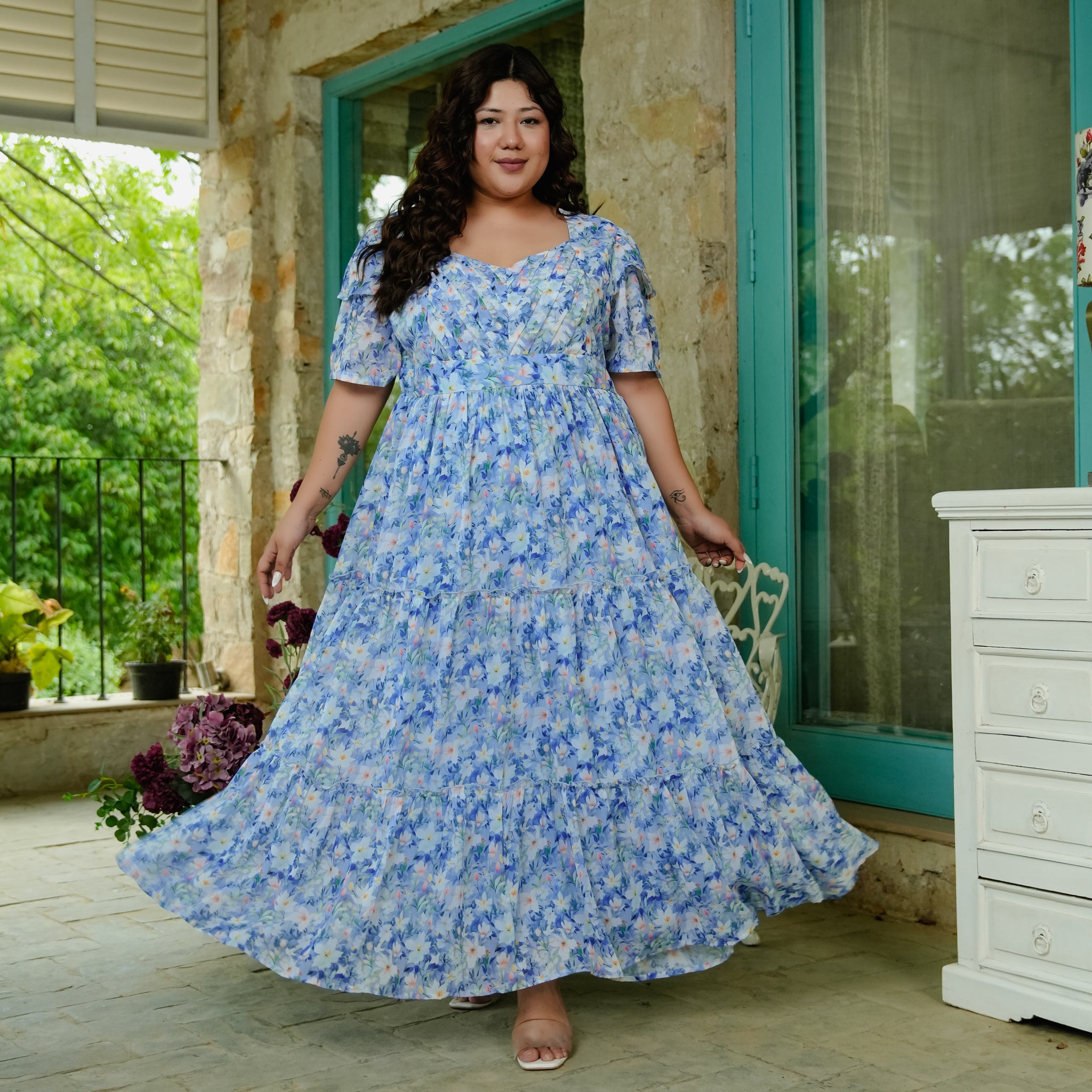 Lopez Sky Blue Floral Maxi Dress