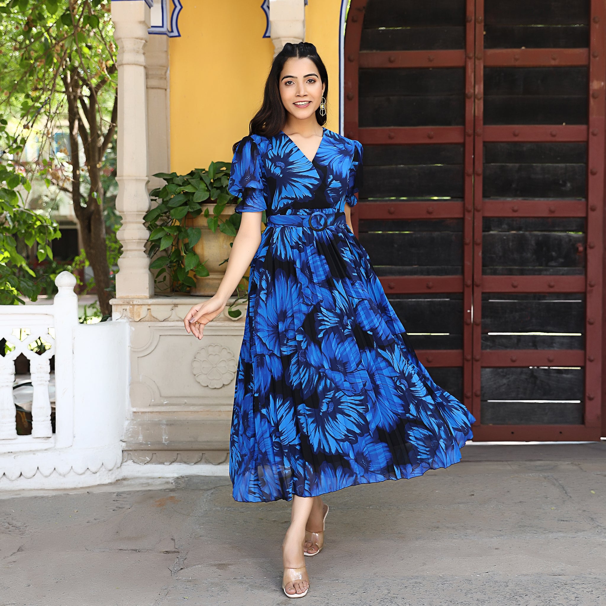 Royal blue pleated cheap maxi dress